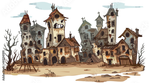 Dilapidated fantasy village crooked buildings, eerie atmosphere, desolate landscape. Artistic depiction haunted medieval town, spooky architecture, concept art. Brown, tan, beige dominate moody