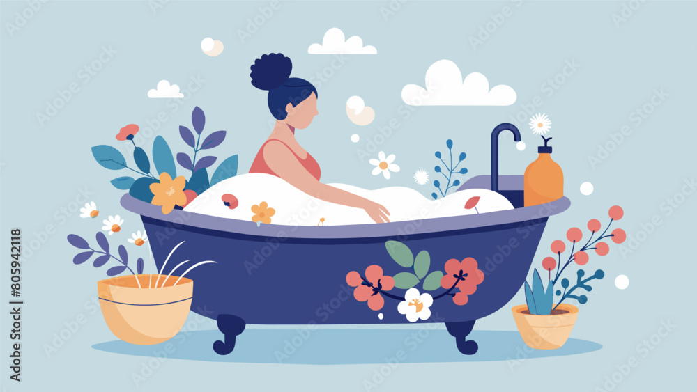Taking time for selfcare with a bubble bath in a vintage clawfoot tub adorned with flowers and using natural handmade bath products.. Taking time for selfcare with a bubble bath in a vintage clawfoot tub adorned with flowers and using natural handmade bath products..
