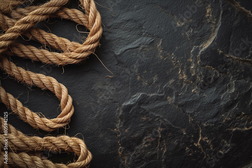 Old hemp rope on black stone surface dark shibari background