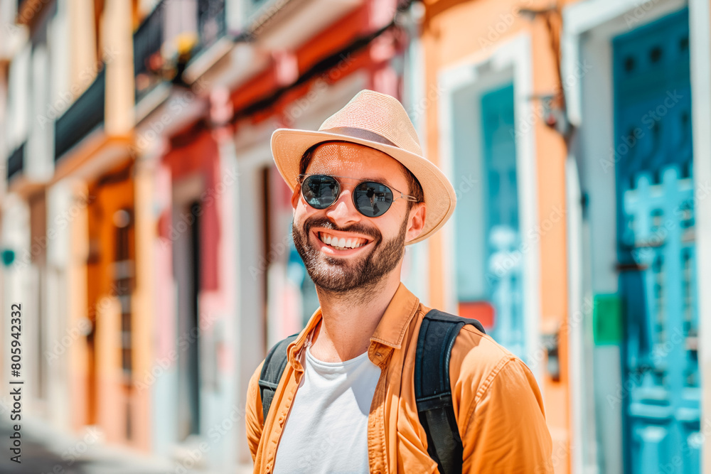 Portrait of happy handsome hipster man in Spanish city. Young tourist enjoy sunny vacation day. Vacation, travel, solo traveling concept Portrait of happy handsome hipster man in Spanish city. Young tourist enjoy sunny vacation day. Vacation, travel, solo traveling concept