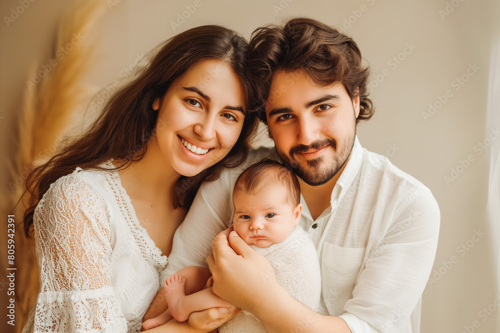 Portrait of young happy man and woman holding newborn cute babe dressed in white unisex clothing. Portrait of young happy man and woman holding newborn cute babe dressed in white unisex clothing.