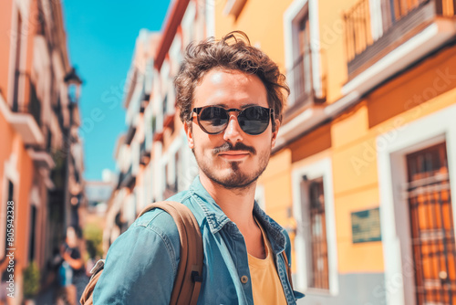 Portrait of happy handsome hipster man in Spanish city. Young tourist enjoy sunny vacation day. Vacation, travel, solo traveling concept © VisualProduction