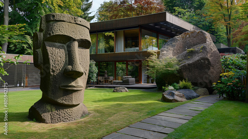 Contemporary Residence with Moai Garden Statue. Generative AI