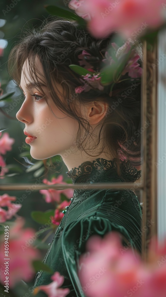 Naklejka premium young woman in green dress looking at her reflection in mirror near rhododendron flowers blooming