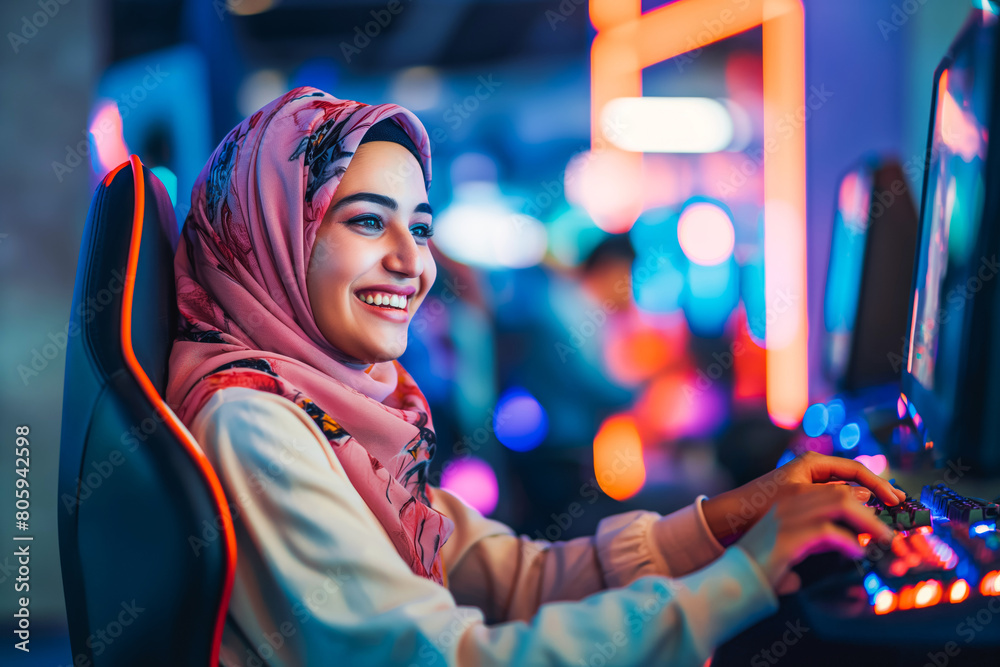 Fototapeta premium Side view portrait of Muslim young woman playing video games in cybersports club and smiling happily, copy space