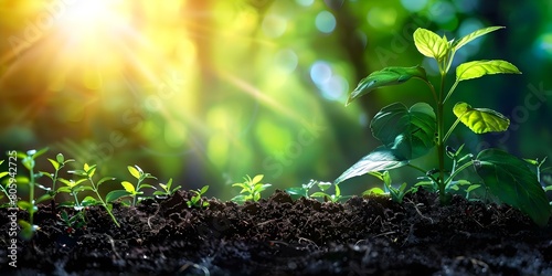 Green seedlings growing in fertile soil under soft sunlight symbolize new life. Concept New Life, Green Seedlings, Fertile Soil, Soft Sunlight, Symbolism