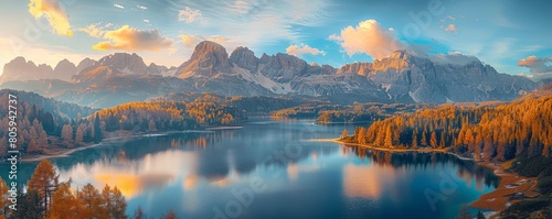 Aerial view of Misurina Lake coastline with forest along the coast at sunset, Auronzo di Cadore, Dolomites, Veneto, Italy.