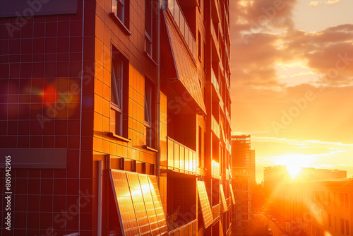 Solar panel on modern apartment building facade in city. Sunset photo
