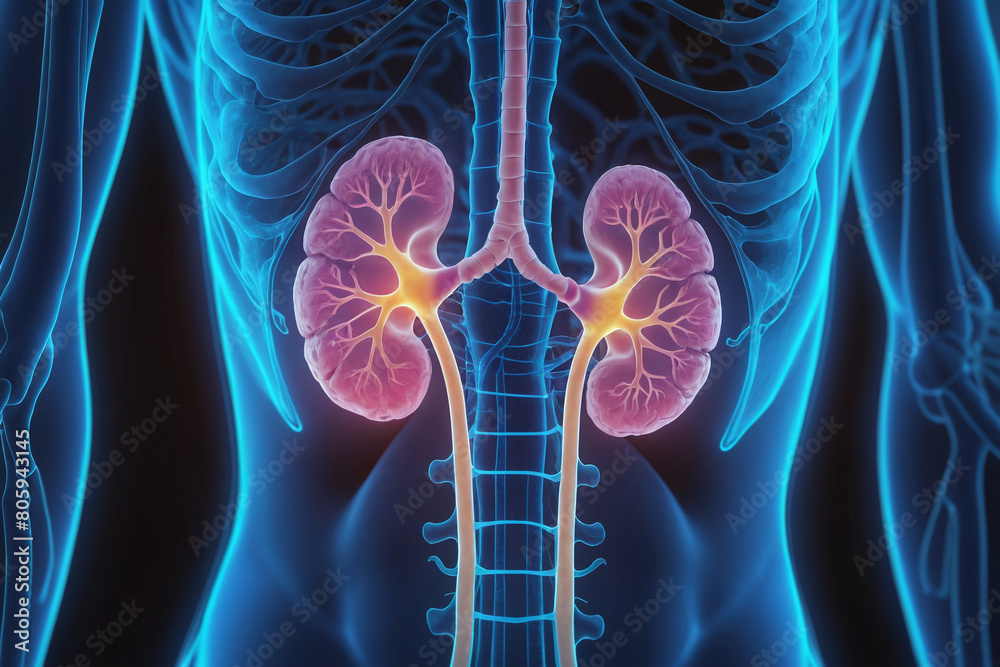 X-ray of human kidneys 3D rendering illustration . Anatomy, organ of urinary system, medical, science, healthcare concepts. AI generated. X-ray of human kidneys 3D rendering illustration . Anatomy, organ of urinary system, medical, science, healthcare concepts. AI generated.