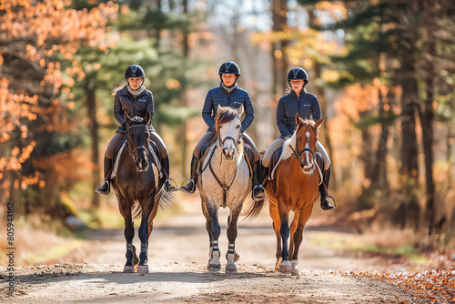 Three horsewomen enjoy riding beautiful horses, side by side along the trail at the equestrian center on a sunny day photo