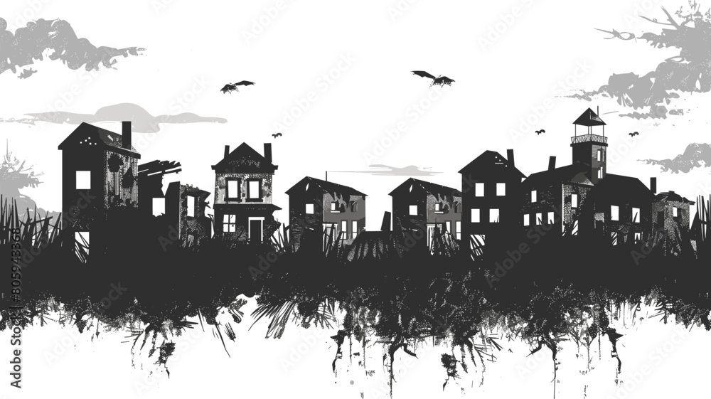 Obraz premium Silhouetted haunted village, spooky houses, abandoned buildings, reflecting water. Dark horror scene, flying bats, ominous clouds, mysterious atmosphere, Halloween theme. Gothic architecture, grungy