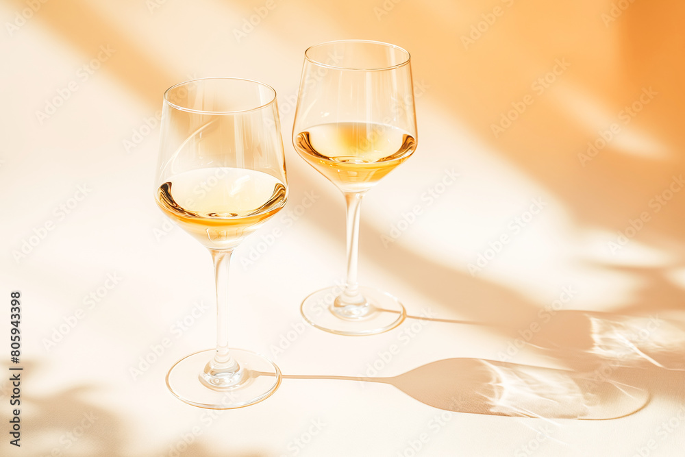 Two glasses with white wine placed on light beige background with shadows and fantastic highlights and reflecting bright sunlight in daytime Two glasses with white wine placed on light beige background with shadows and fantastic highlights and reflecting bright sunlight in daytime