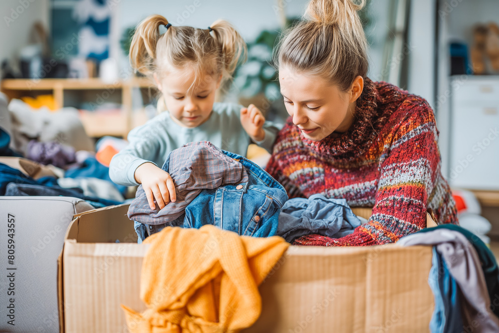Woman and child sorting clothes and packing into cardboard box. Donations for charity, help low income families, declutter home, sell online, moving moving into new home, recycling, sustainable living Woman and child sorting clothes and packing into cardboard box. Donations for charity, help low income families, declutter home, sell online, moving moving into new home, recycling, sustainable living