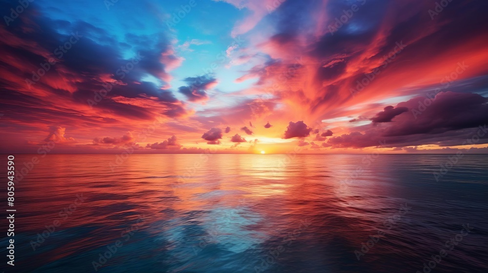 A beautiful sunset over the ocean with a pink and purple sky