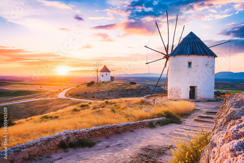 Windmills of Consuegra at Sunrise , Castilla-La Mancha, Spain. Beautiful exposure of the Windmills of Consuegra at Sunrise