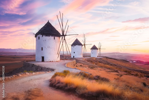 Windmills of Consuegra at Sunrise , Castilla-La Mancha, Spain. Beautiful exposure of the Windmills of Consuegra at Sunrise photo
