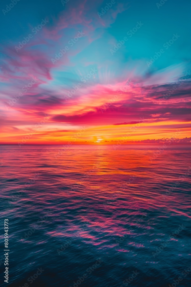 Aerial view of a vibrant sunset over the ocean, painting the sky with streaks of orange, purple, and pink Aerial view of a vibrant sunset over the ocean, painting the sky with streaks of orange, purple, and pink