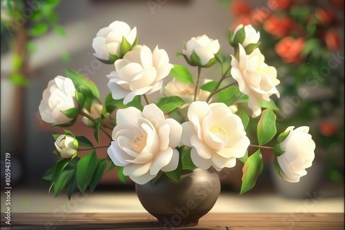 A vase of white flowers sits on a table