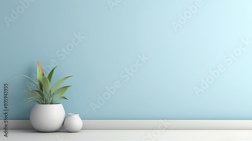 A white vase with a plant in it sits on a white wall