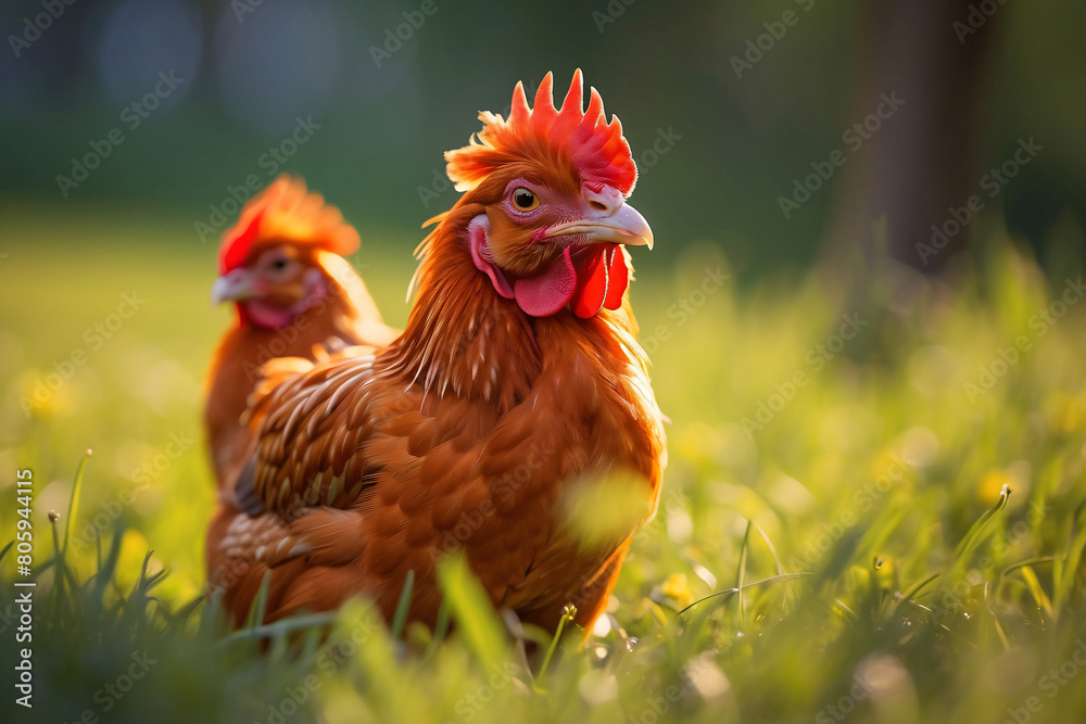 Fototapeta premium red chicken in a green pasture