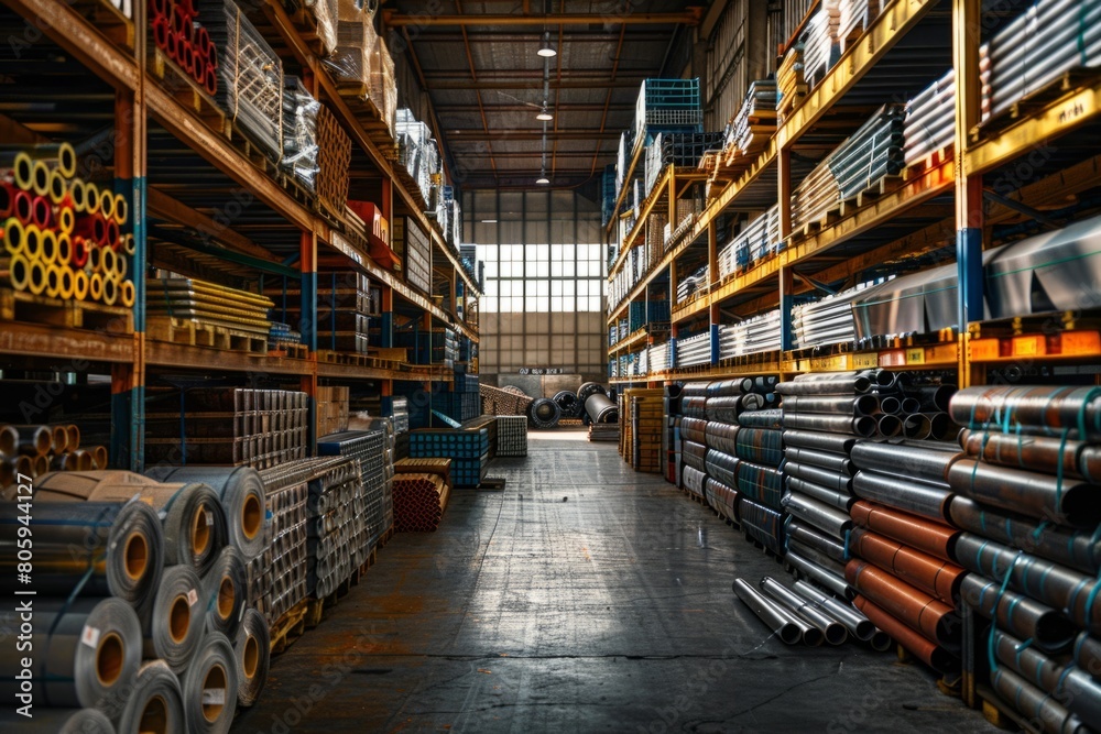 Rolls of sheet steel on shelves in a warehouse
