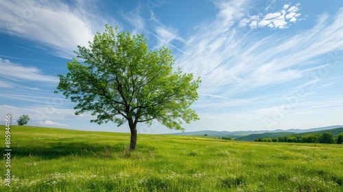 Single tree with bright spring greenery in a field of fresh grass