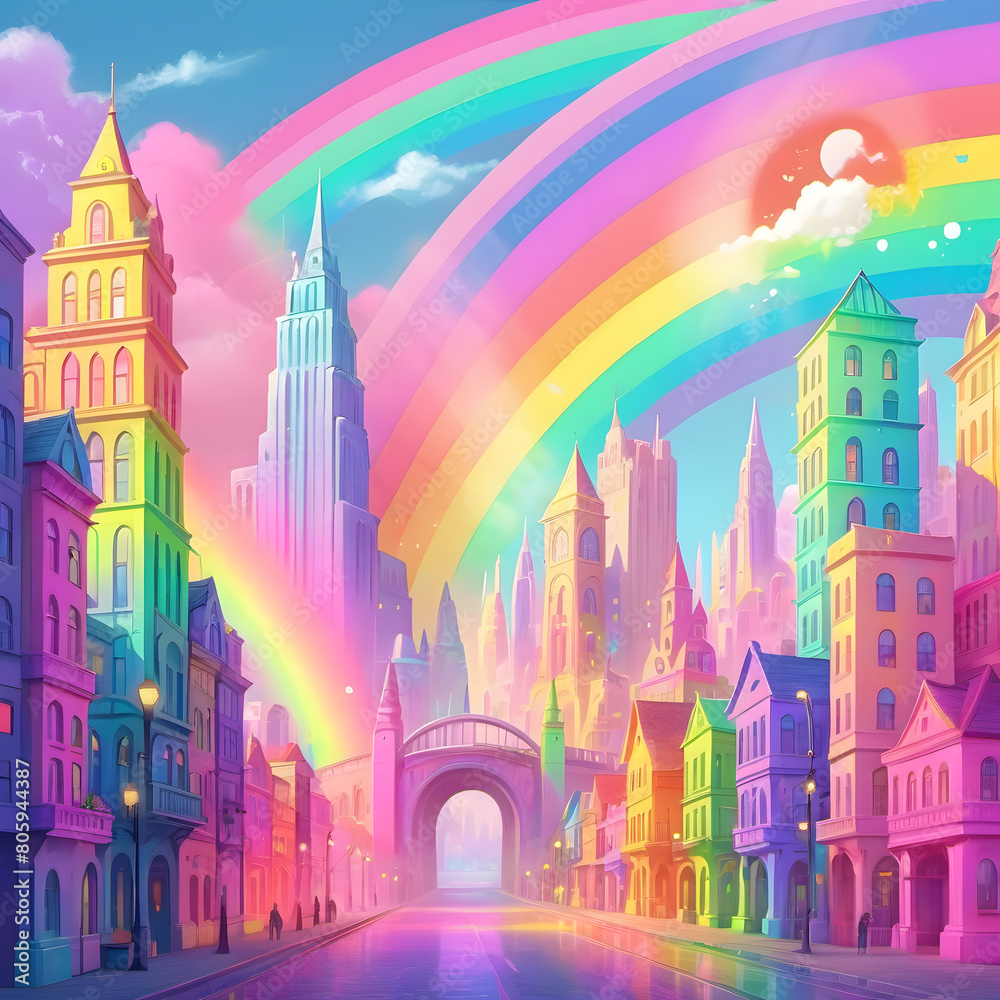 Naklejka premium A city scene in a fantasy pastel rainbow colors, bright and glowing.