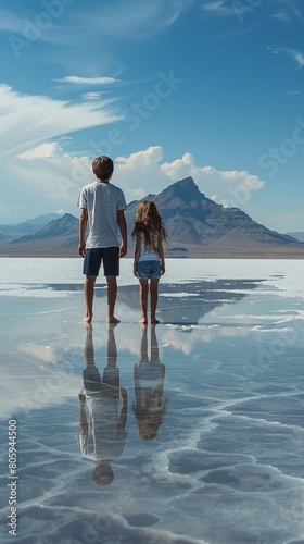 boy and girl wlaking on salt flats of Utah at Bonneville photo