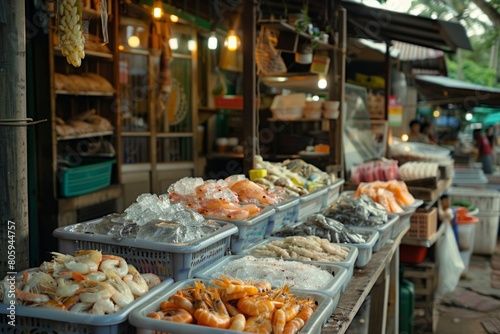 Counter with seafood food at the market