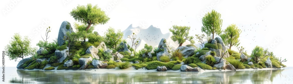 A lush green island with a body of water in the background