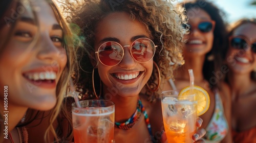 Happy multiethnic friends cheering together with cocktail glasses at beach party. Youth activities and summer vacation concept. Summer vacation vacation rest activity concept  generated by AI Friends 