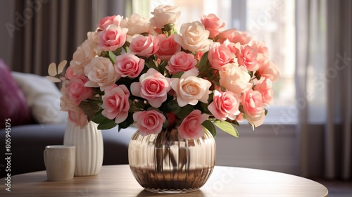 A vase of pink and white roses sits on a table