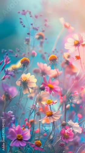 A variety of colorful flowers  an abstract nature backdrop with a pastel gradient sky. Concept of International Women s Day