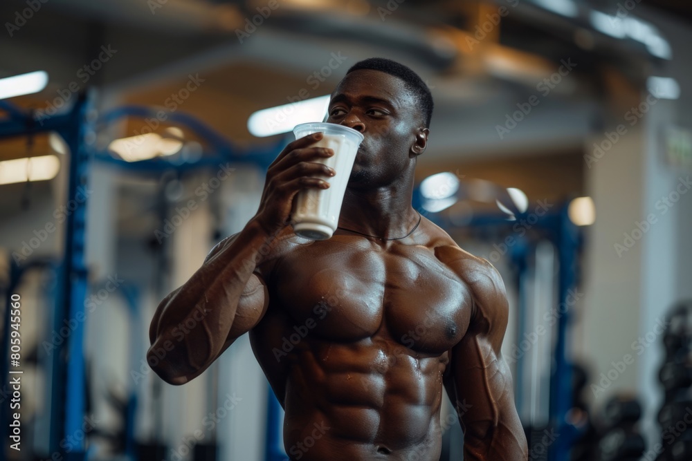 Muscular African American man with protein drink shaker in the gym