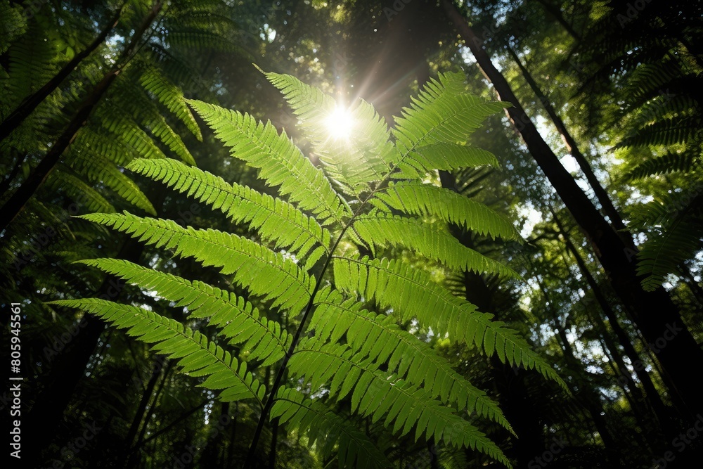 Obraz premium Fern in a rainforest with sunlight filtering through the canopy.