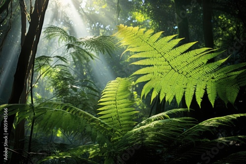 Fern in a rainforest with sunlight filtering through the canopy.