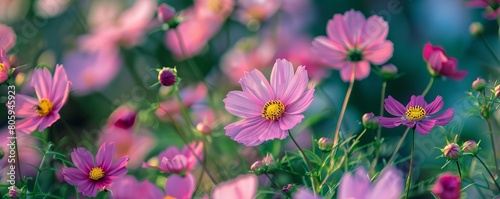 Background of colorful blossoming flowers with gentle petals and pleasant aroma growing in garden.