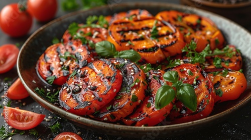 Deliciously roasted tomatoes with fresh herbs photo