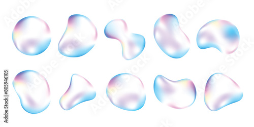 Set of realistic gradient bubble vector. Holographic glass bubble design with different shapes, vibrant gradient mesh on transparent background. 3d glass liquid illustration for sticker, decor.
