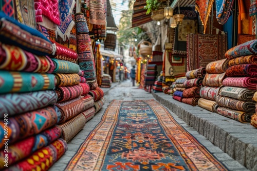 Selling colored carpets at the market, bazaar