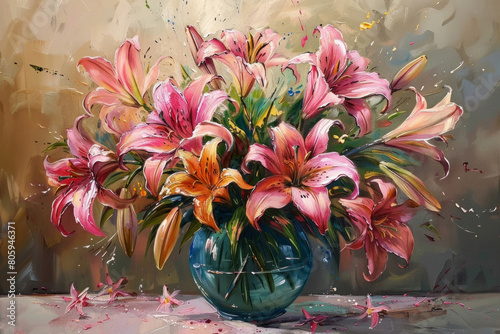 Bouquet of pink lilies in the style of acrylic painting