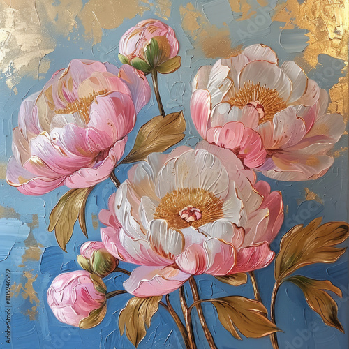 Pink golden peonies in acrylic painting style