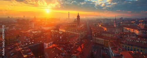 Aerial top down view of rooftops in Turin downtown at sunset, Turin, Piedmont, Italy.