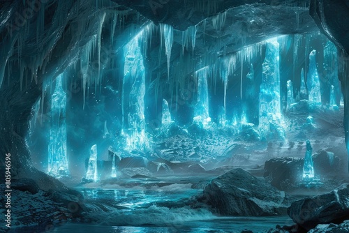 Glacial cavern deep within an icy mountain, with towering ice formations, bioluminescent ice crystals