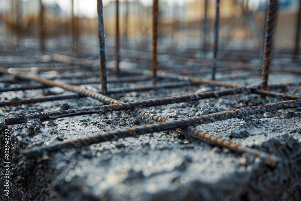 Fototapeta premium Pouring liquid concrete into reinforcement at a construction site