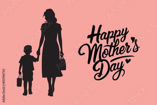 Mothers day post template with mom and child silhouette and Happy Mothers Day typography
