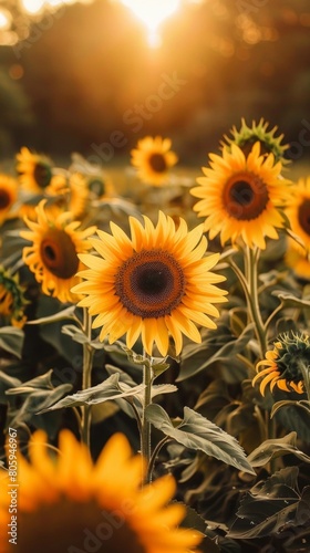 Close-up of a sunflower field at sunset  with the golden light bathing the flowers and casting long shadows