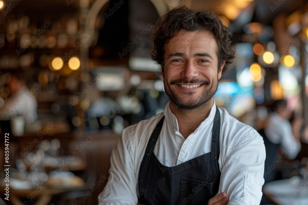 Fototapeta premium Smiling male waiter in a cafe or restaurant