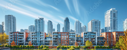 Cityscape view of a modern condominium development in an urban neighborhood with highlighting the architecture and skyline of the residential area.
