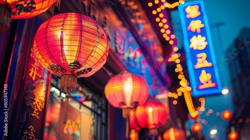 Close-up of a vibrant Chinatown storefront at night  neon signs glowing  lanterns swaying